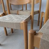 Set of 6 stackable chairs in beech and jute.