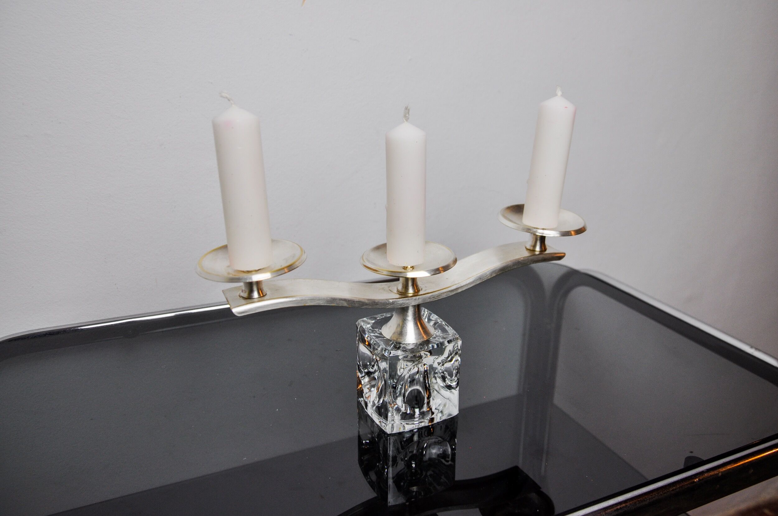 Ice cube candle holder by Peill & Putzler, 3 flames, glass and silver-plated metal, Germany, 1970