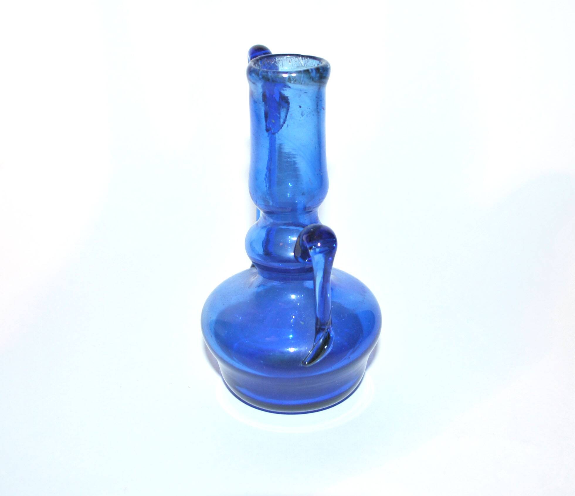 Antique blue blown glass candle holder ras de cave vase folk art 19th c.