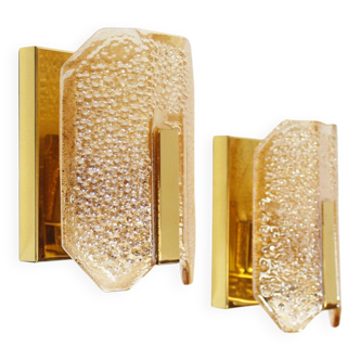 Pair of large amber glass and brass wall lamps by Sische