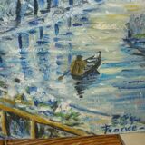 Tableau huile sur toile barque dans paysage enneigé