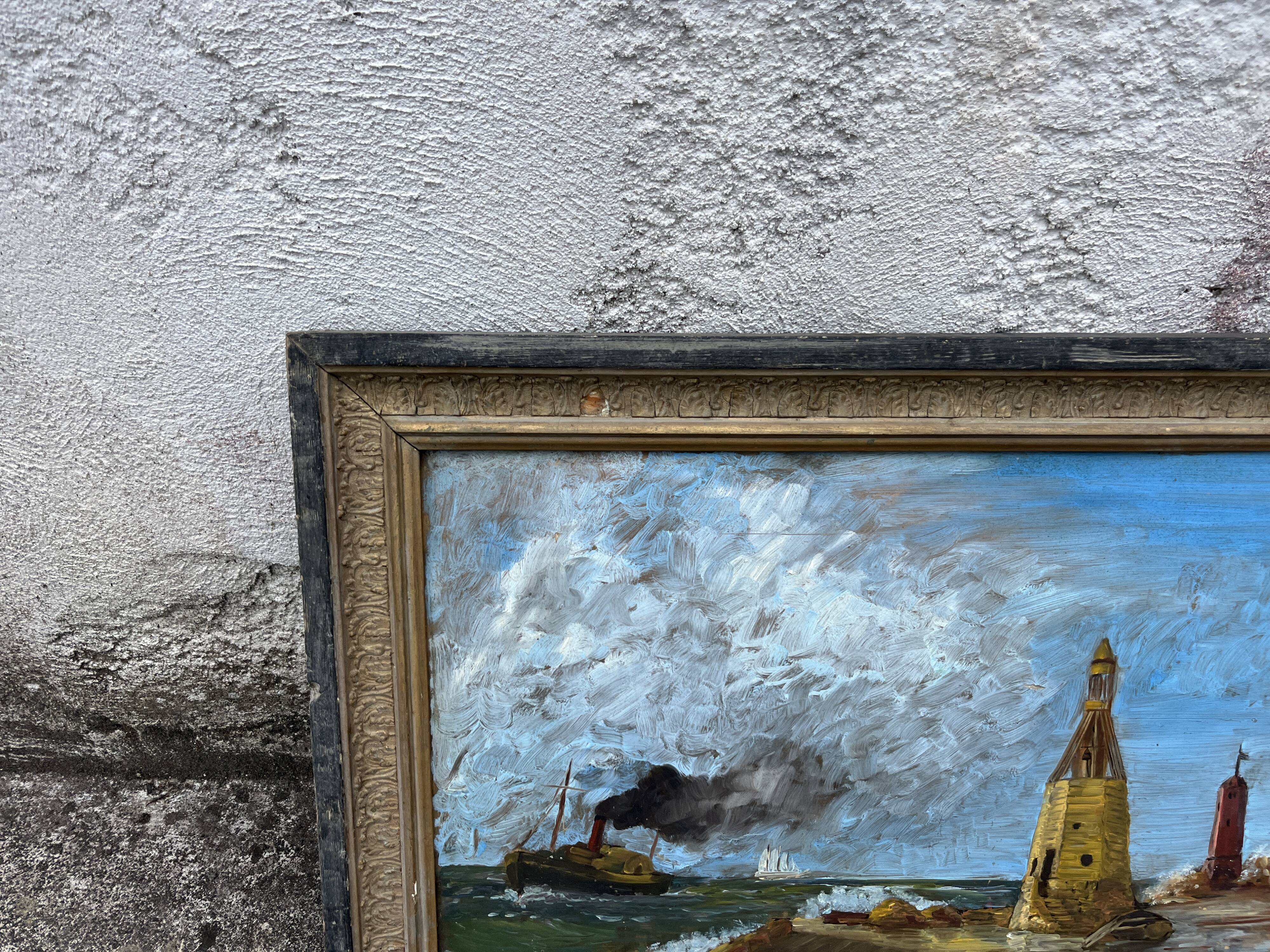 Old marine painting oil on canvas signed Y. Delaporte port entrance