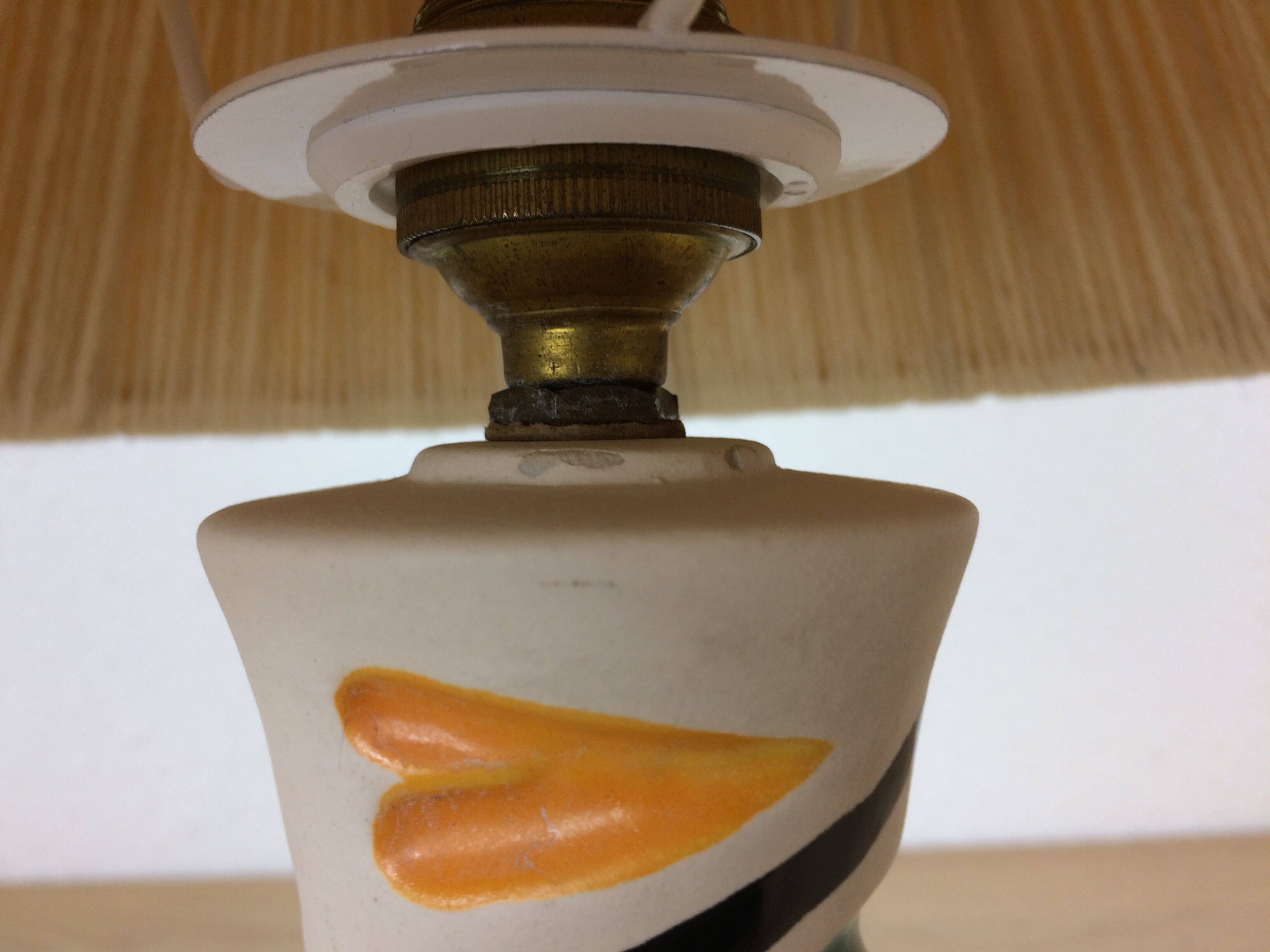 Ceramic lamp 60s and lampshade white wool