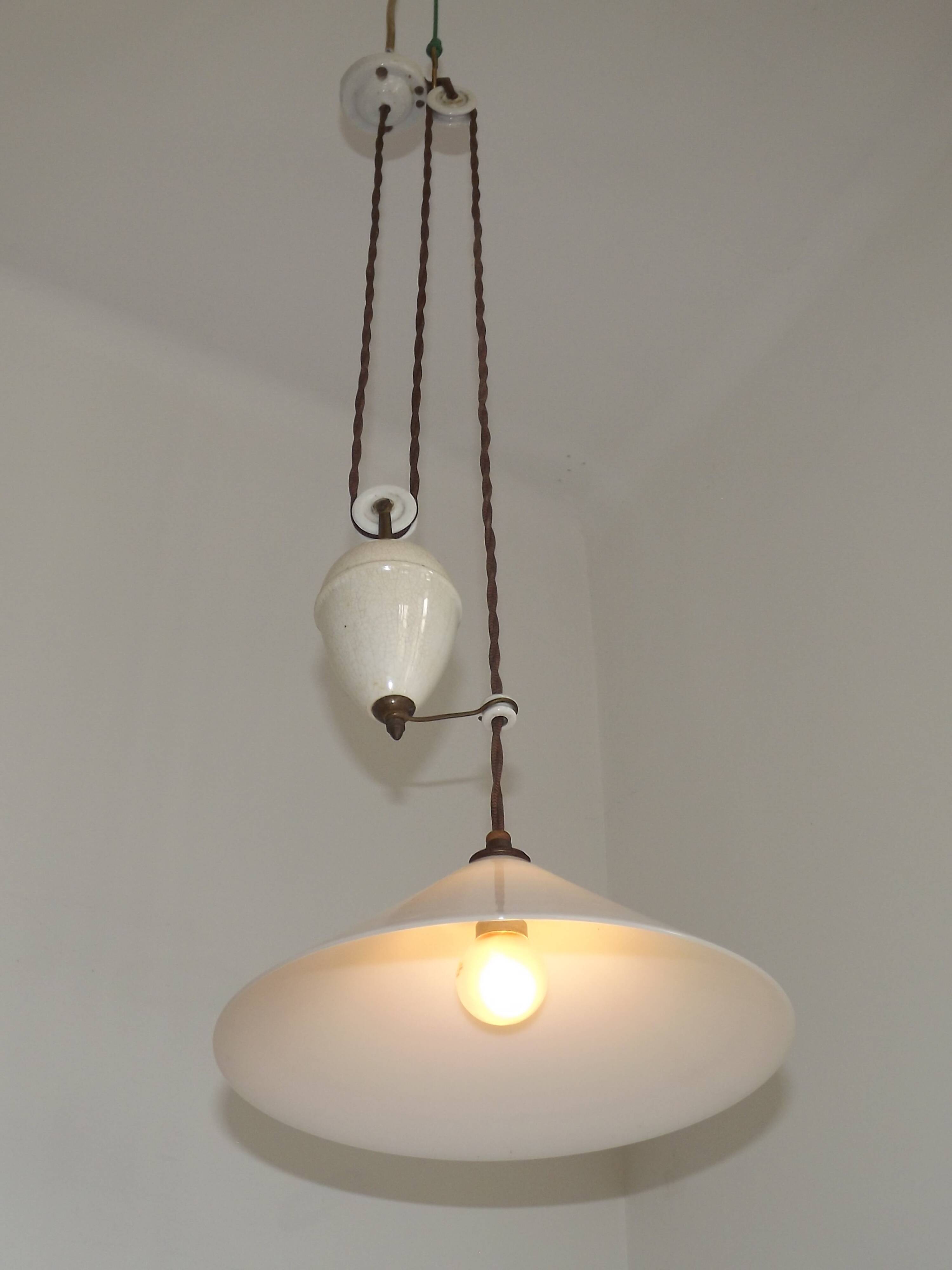Vintage French Rise & Fall Counterbalance Ceiling Light Opaline Glass Shade
