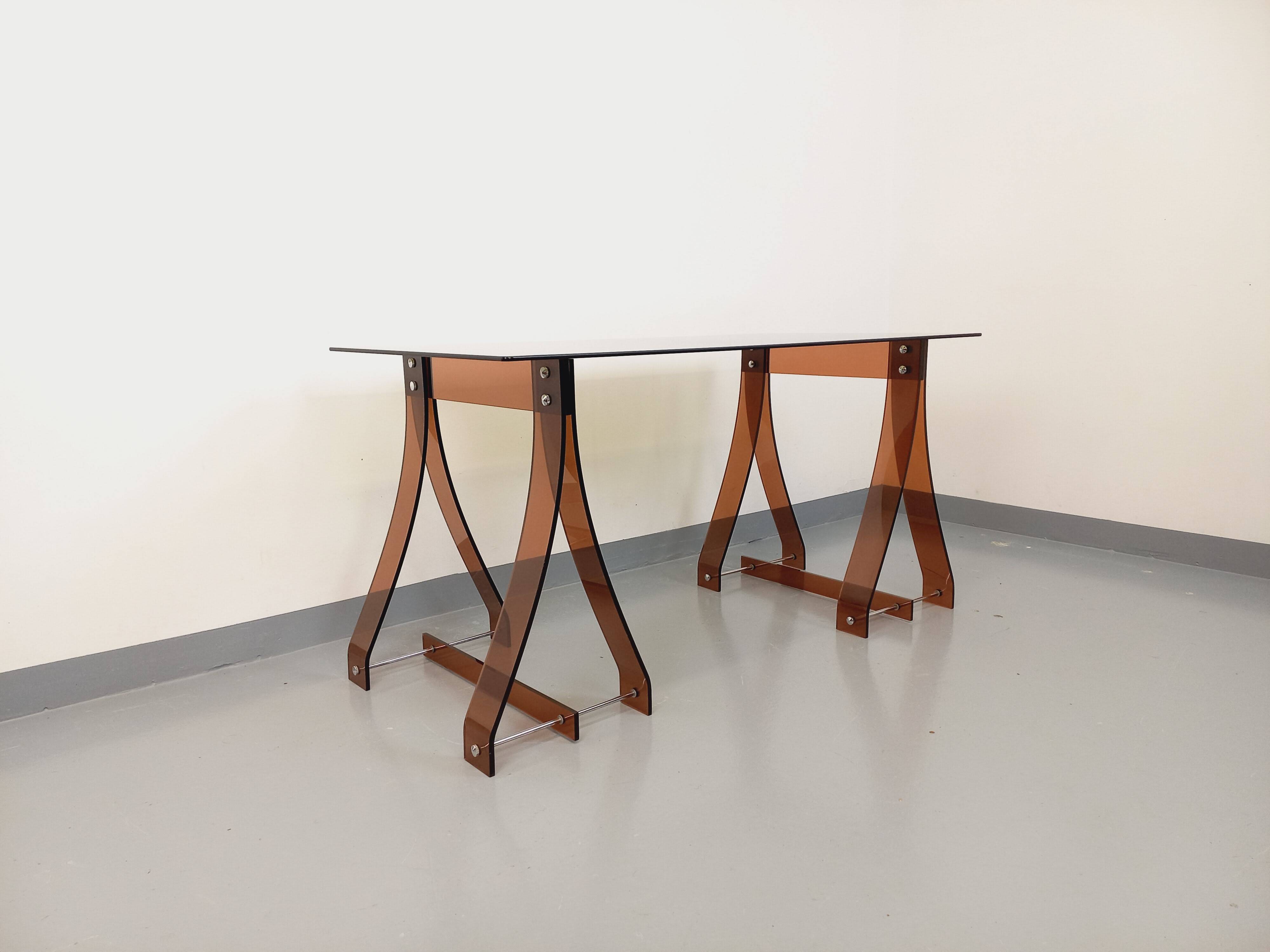 Vintage Marcello Gacita and Pierre Tiberi desk in smoked glass and plexiglass