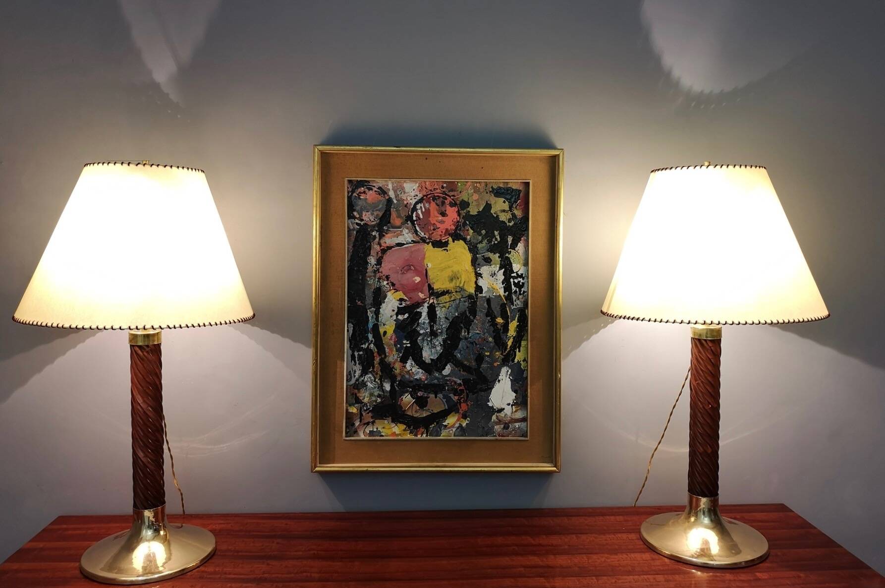 Burgundy Plexiglass and Brass Table Lamps by F. Loffredo, Italy 1980s