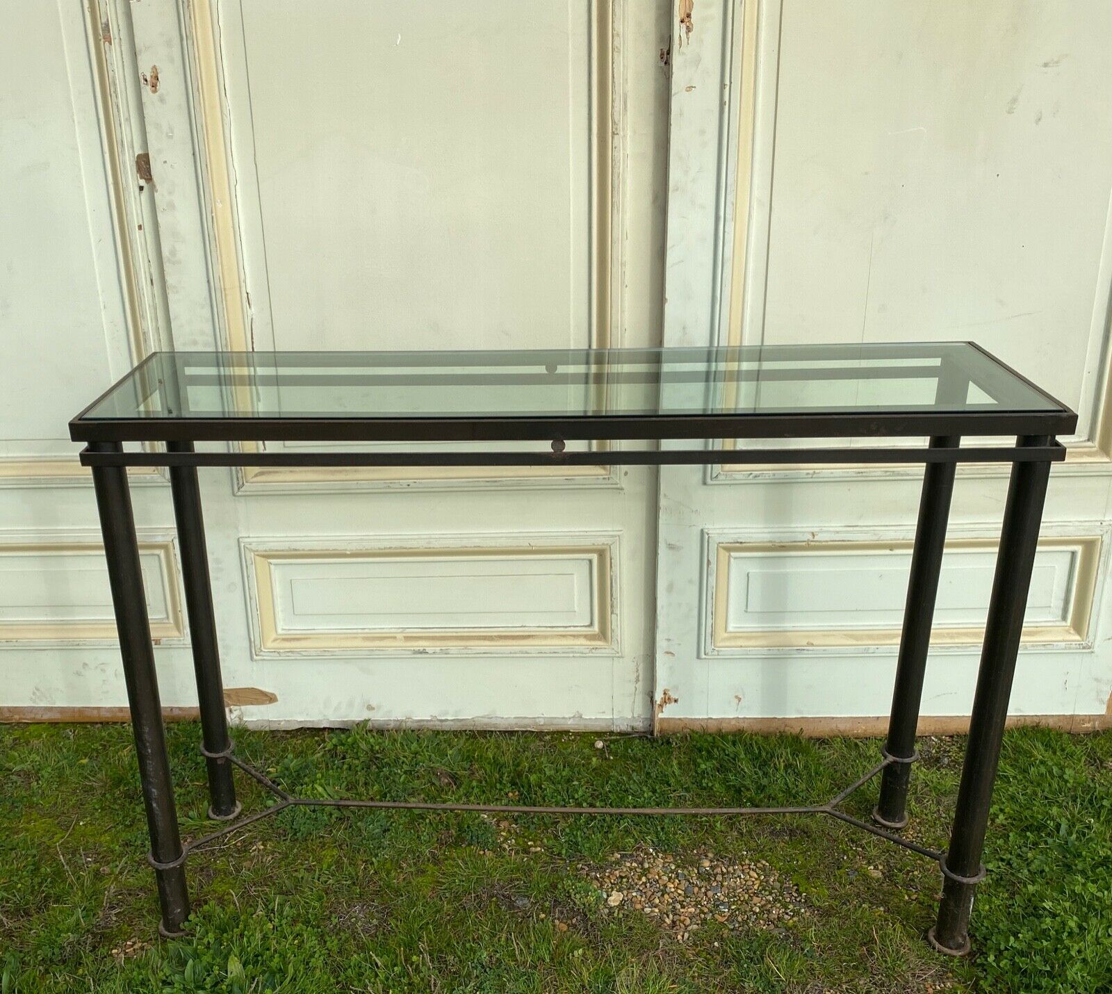 Iron console forged glass top xxeme pietement in x