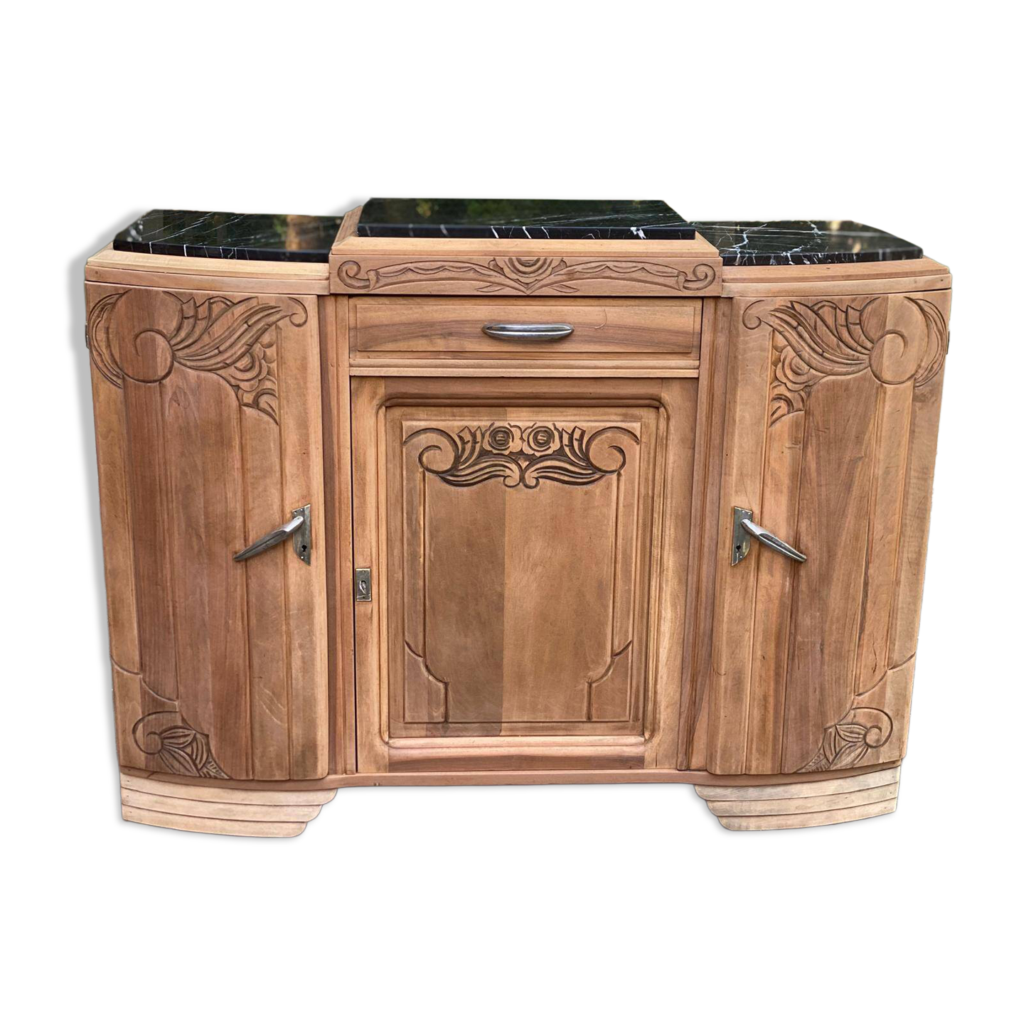 Art Deco sideboard renovated in solid walnut with black marble, 1930.