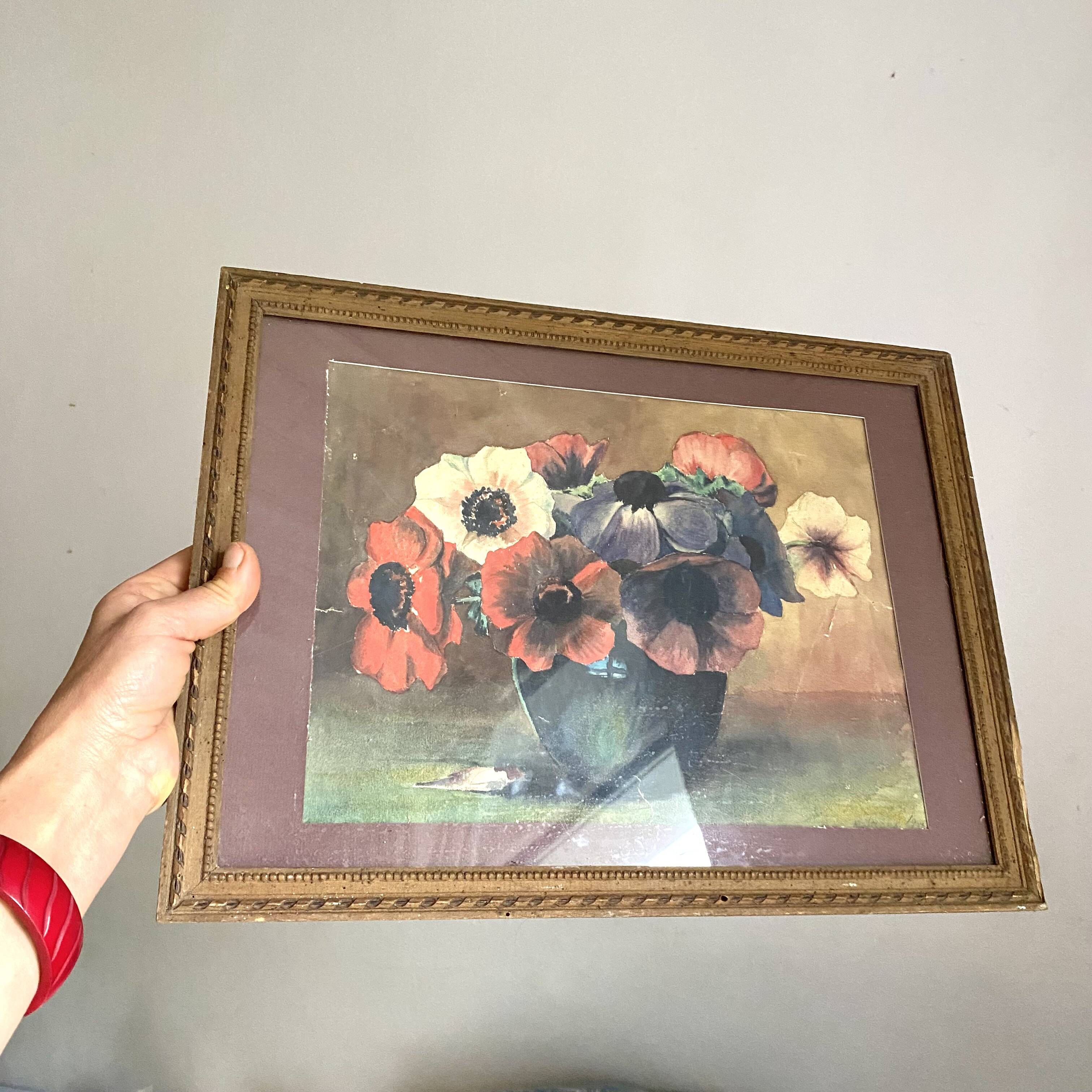 Old watercolor flowers anemone framed