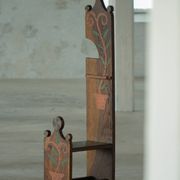 Danish popular art chair with a high back, made of oak, featuring hand-painted decoration, dated 1876.