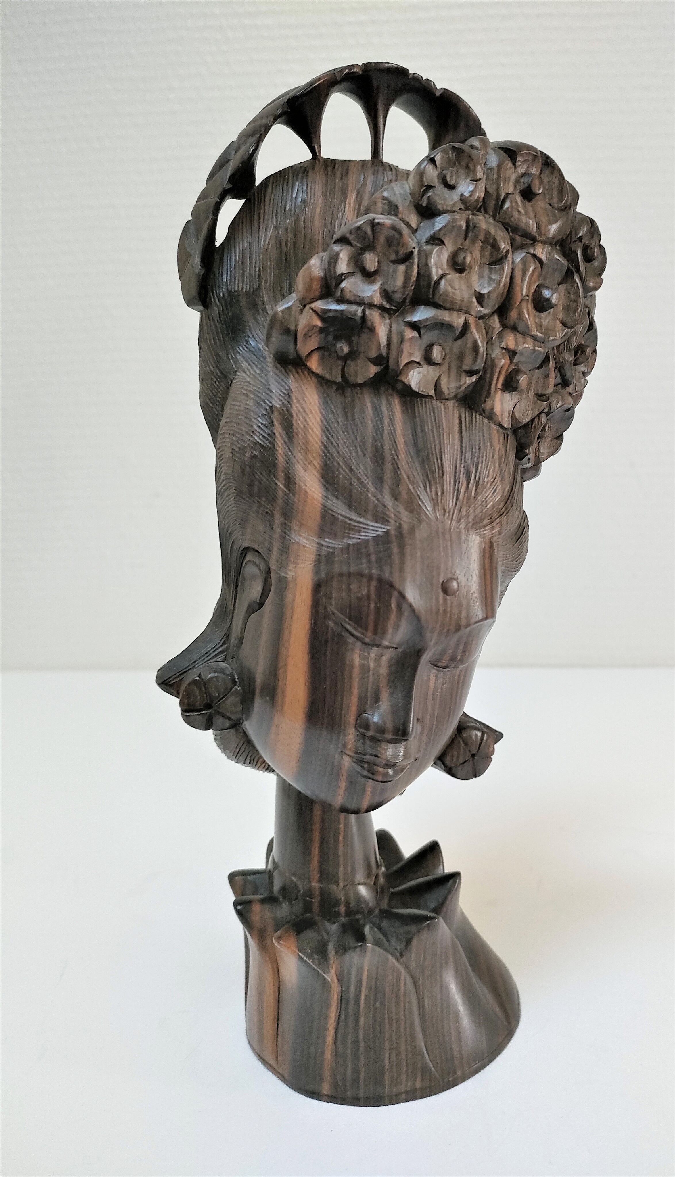 Wooden bust of woman with floral headdress sculptural work of the 60s-70s