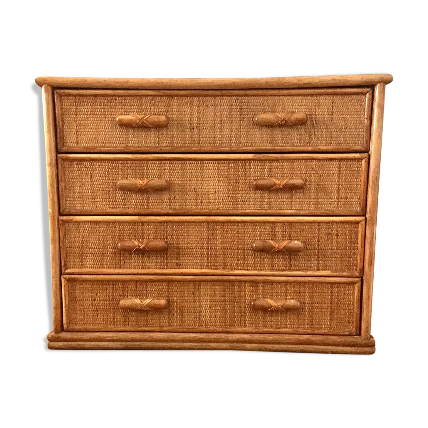 Chest of drawers 4 vintage drawers in 80s patinated rattan in good condition