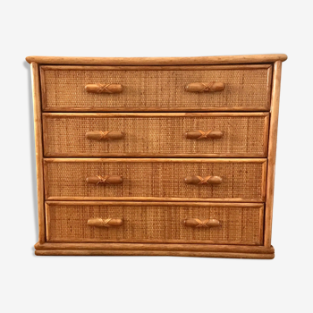 Chest of drawers 4 vintage drawers in 80s patinated rattan in good condition