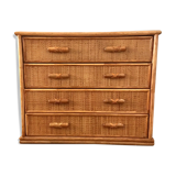 Commode 4 tiroirs vintage en rotin patiné années 80 bon état