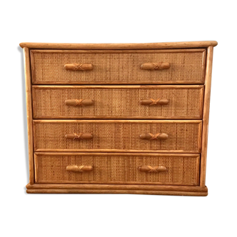 Chest of drawers 4 vintage drawers in 80s patinated rattan in good condition