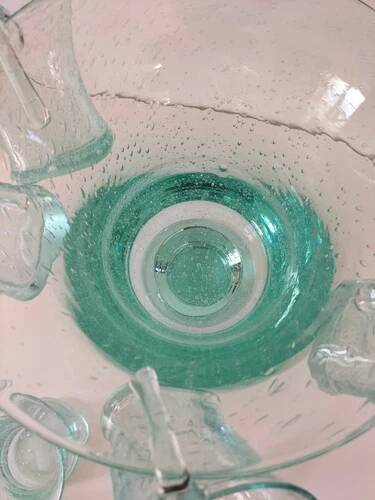 Service en verre soufflé bullé vert d'eau – Coupe sur pied, 5 tasses et louche