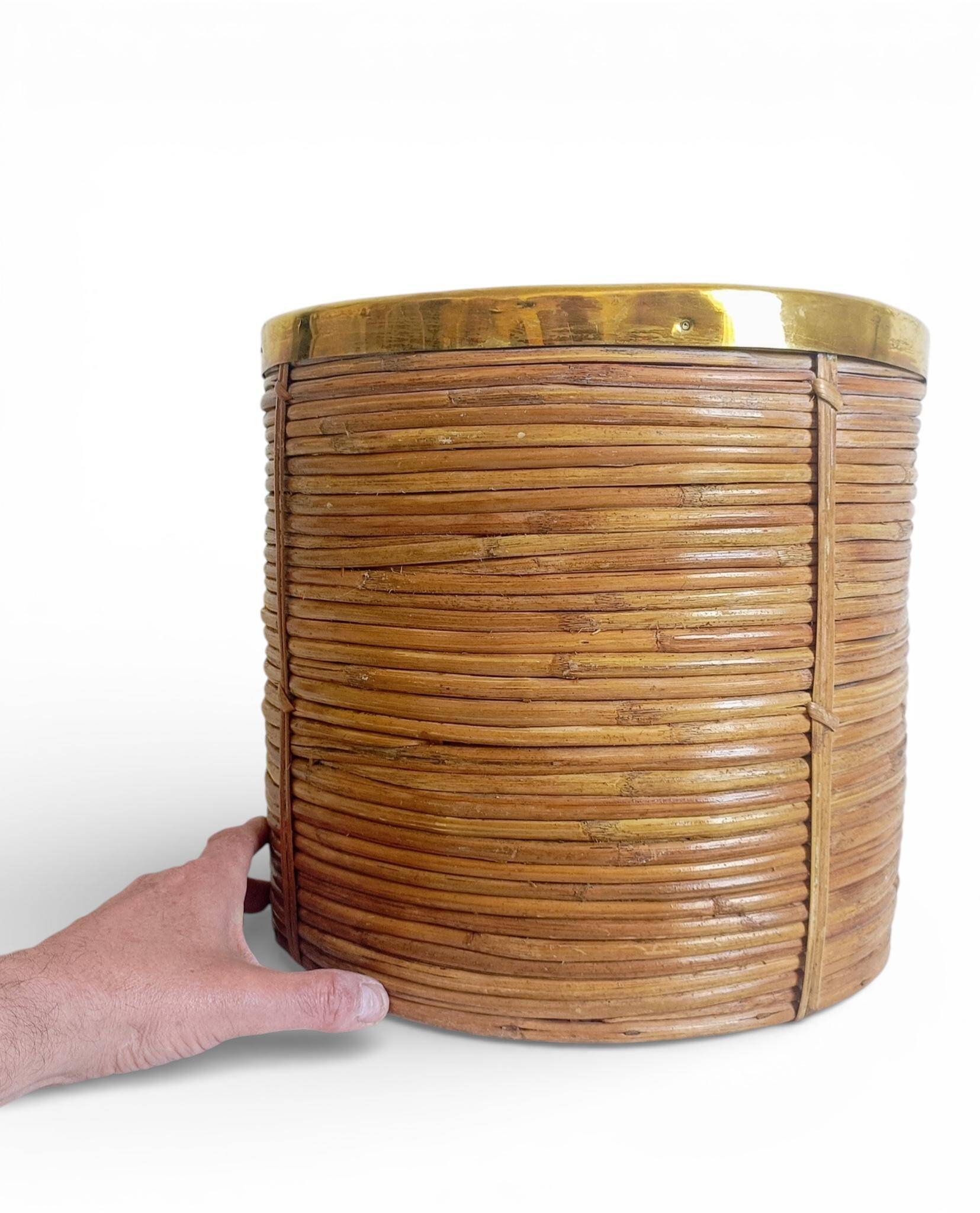 Mid-Century Organic Modern Large Pencil Reed / Rattan Planter with Brass Rim