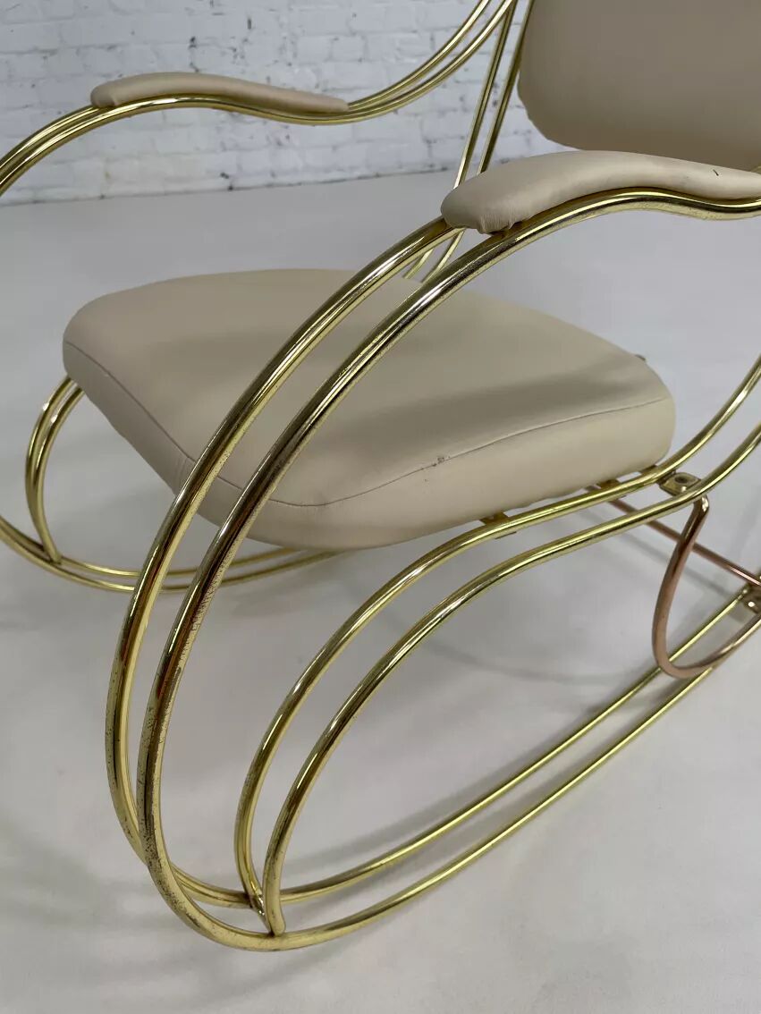 60s rocking chair in brass and ecru faux leather