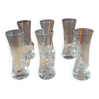 Six engraved crystal shot glasses