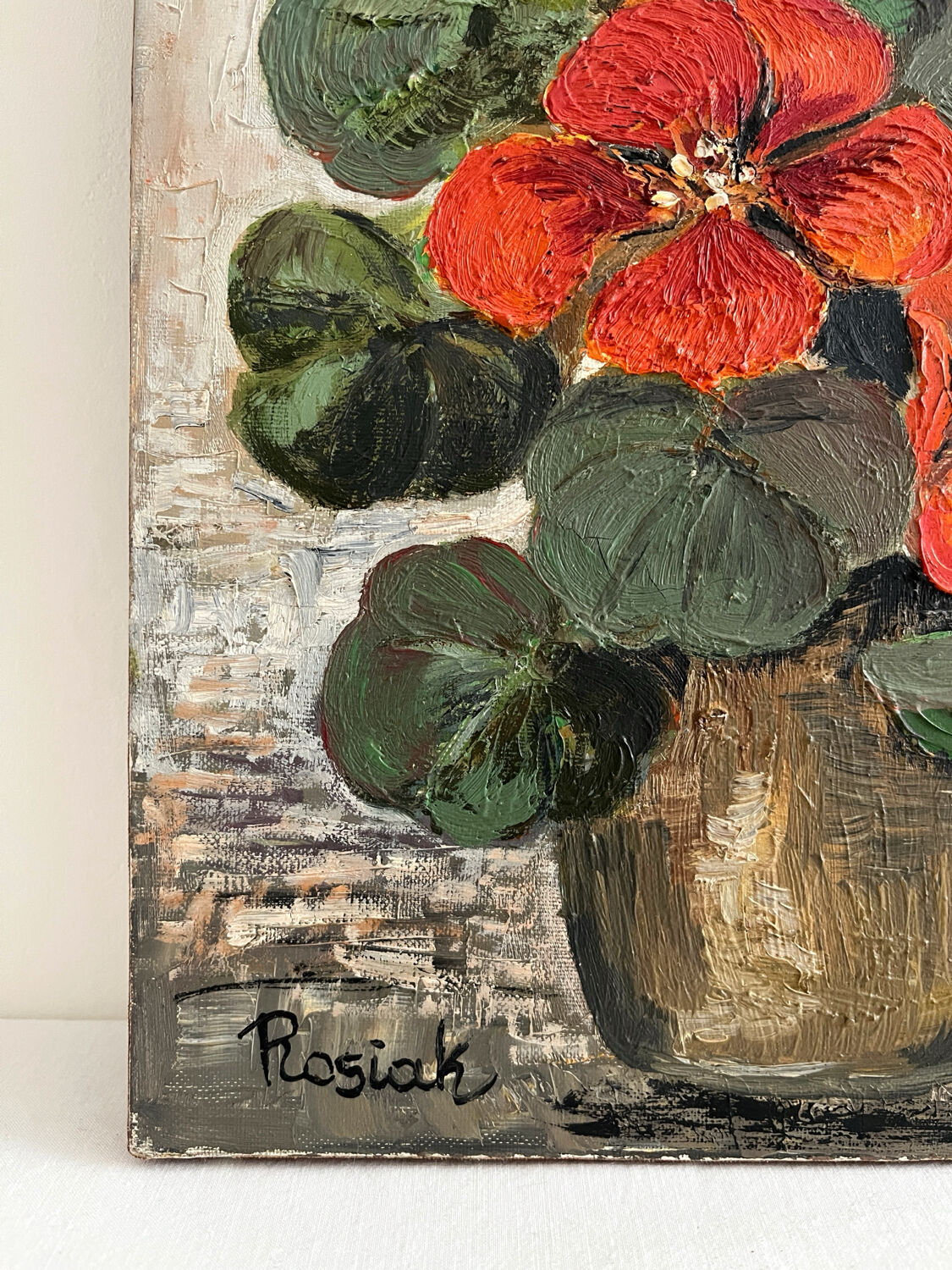 Peinture huile sur toile capucines fleurs vintage