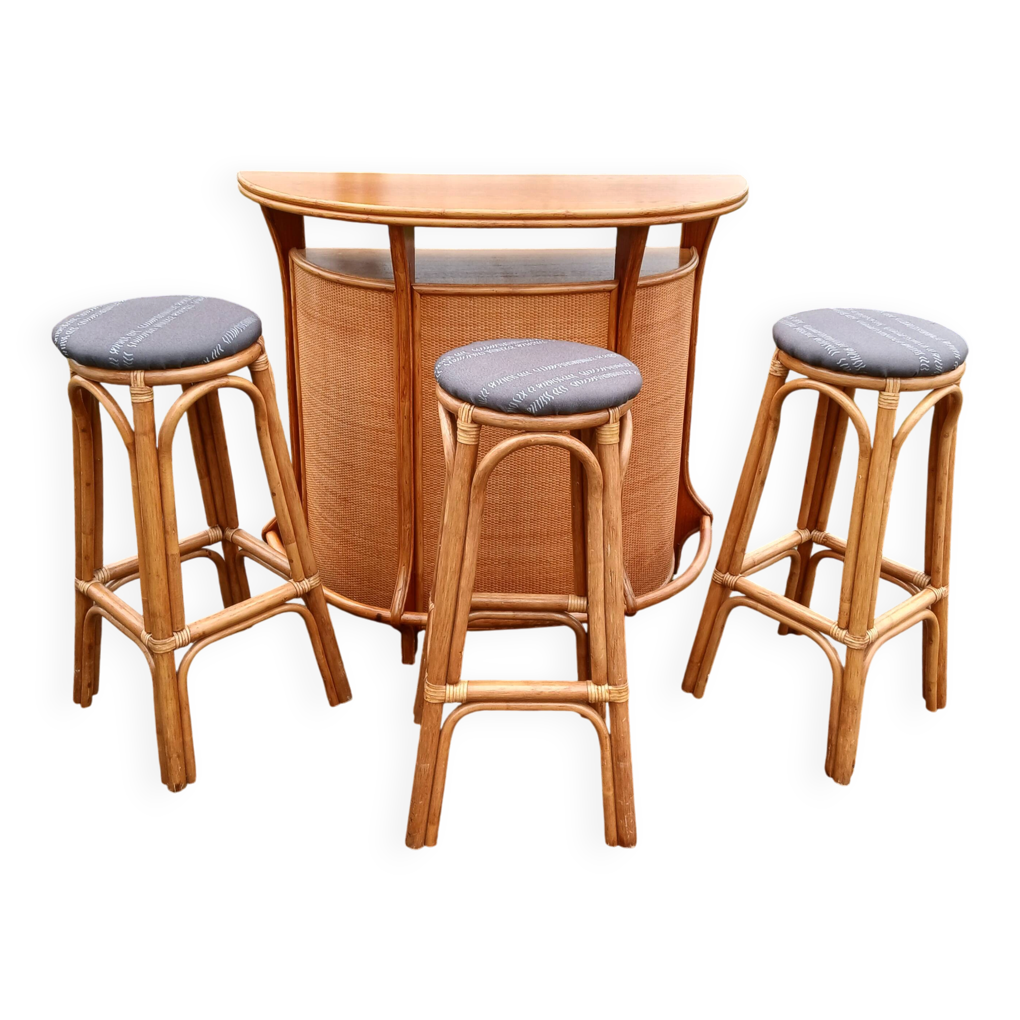 Bar en rotin et 3 tabourets