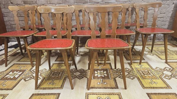 Lot de 12 chaises bistrot skaï rouge 1960 vintage