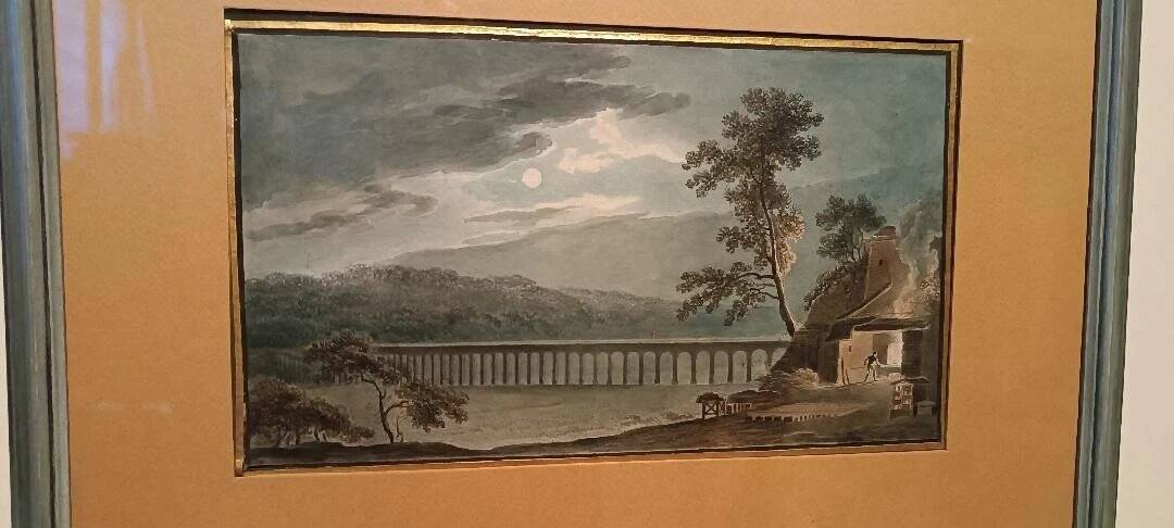 Old watercolour on paper from the early 19th century - nocturnal landscape with aqueduct and bridge