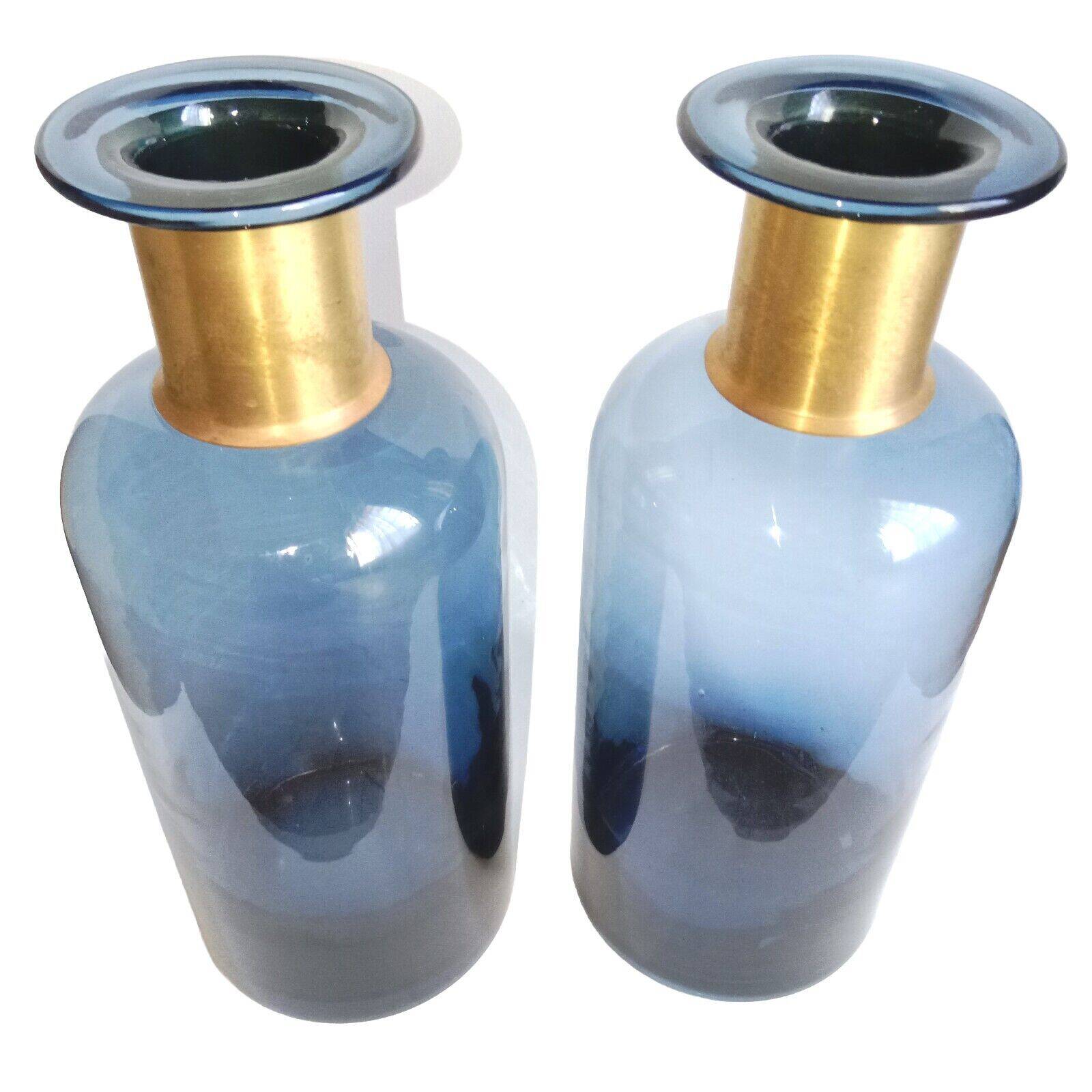 2 blue glass bottle vases with gold necks, 30 cm high