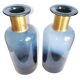 2 blue glass bottle vases with gold necks, 30 cm high