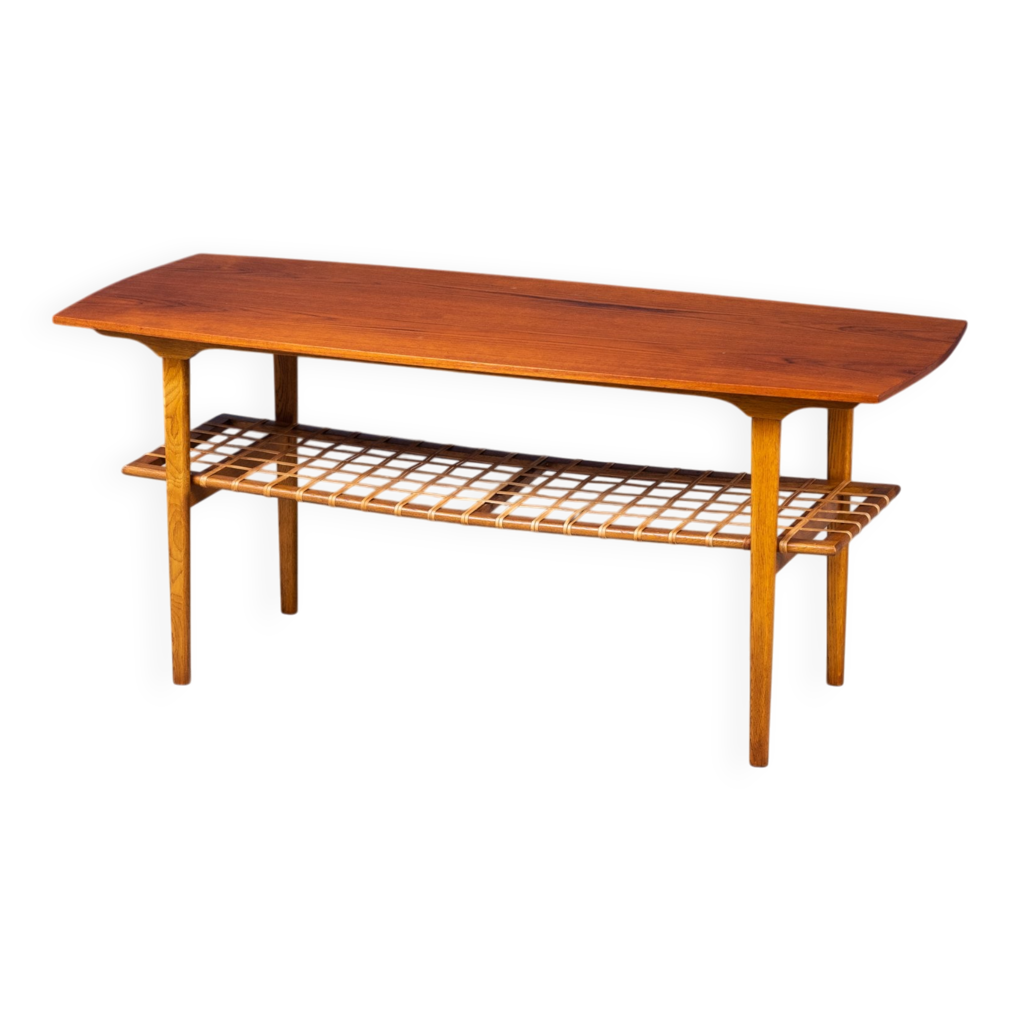 Teak and Oak Coffee Table with Rattan Shelf, Denmark, 1960s