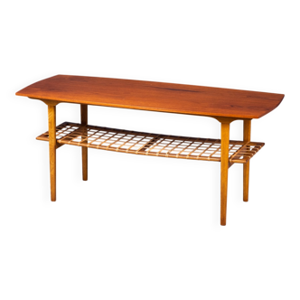 Teak and Oak Coffee Table with Rattan Shelf, Denmark, 1960s