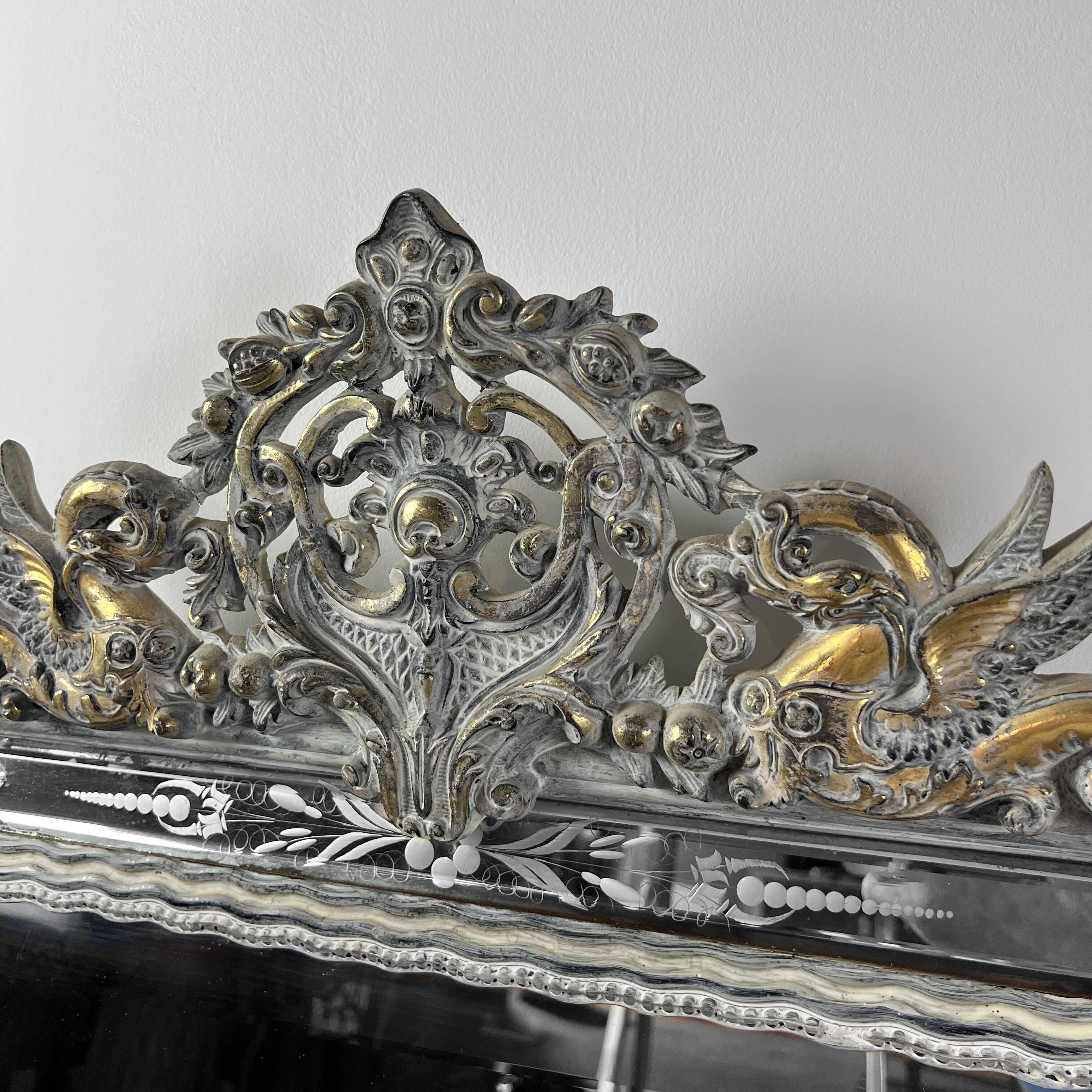 Grand miroir Venitien aux Cygnes, Glace Murano du XIXe siècle biseauté 133