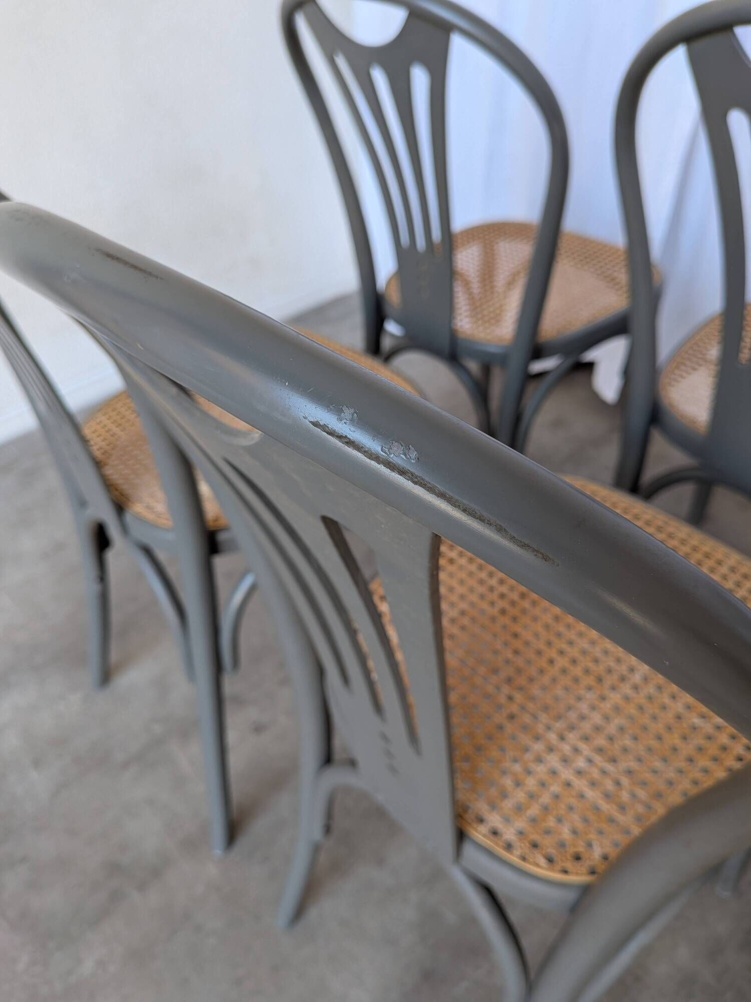 Set of 8 Vintage Gray Bentwood Dining Chair: Thonet Style Cane Seat