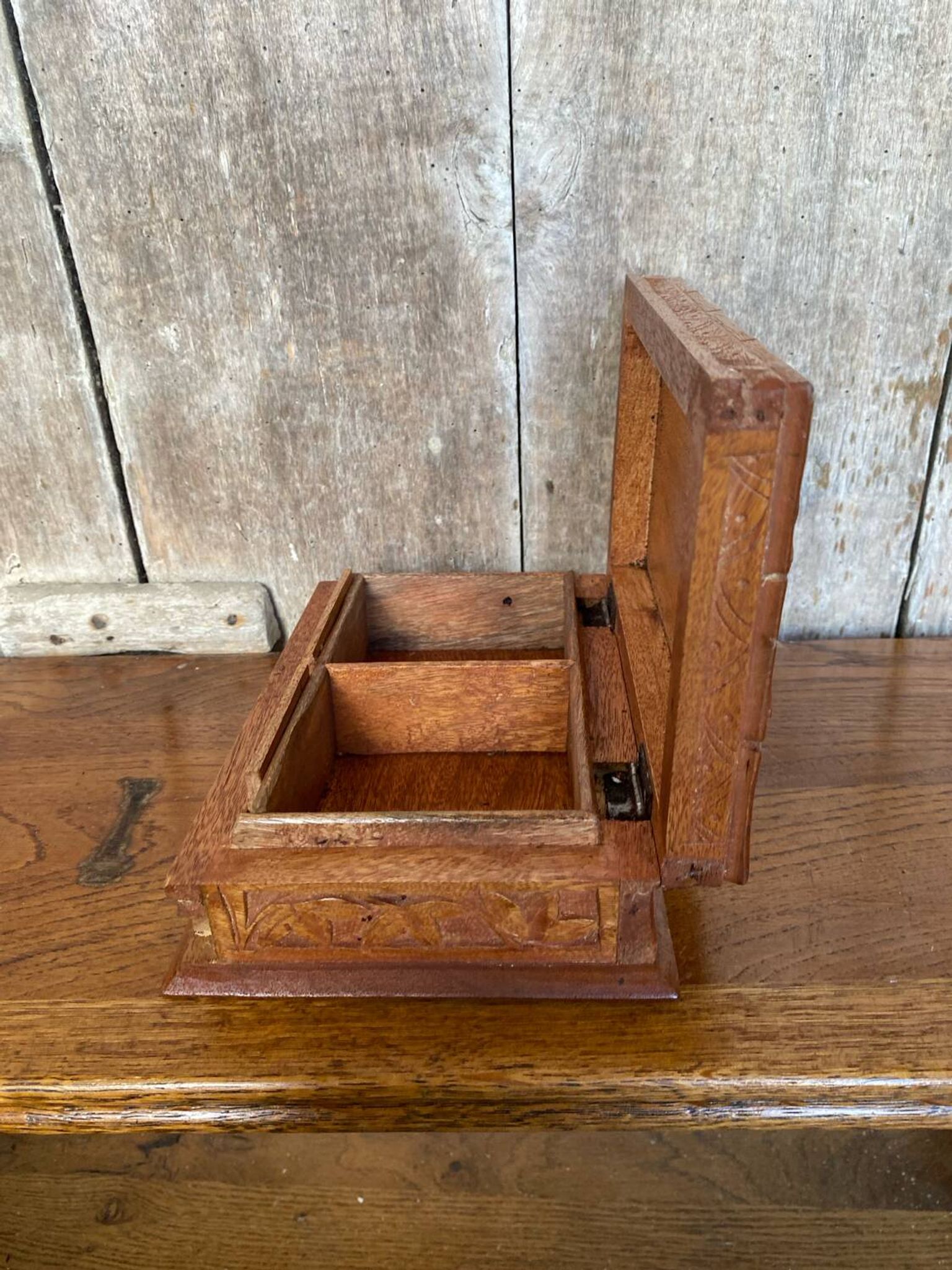 Antique Secret Jewelry Box Carved Walnut Wood 2 Compartments Vintage