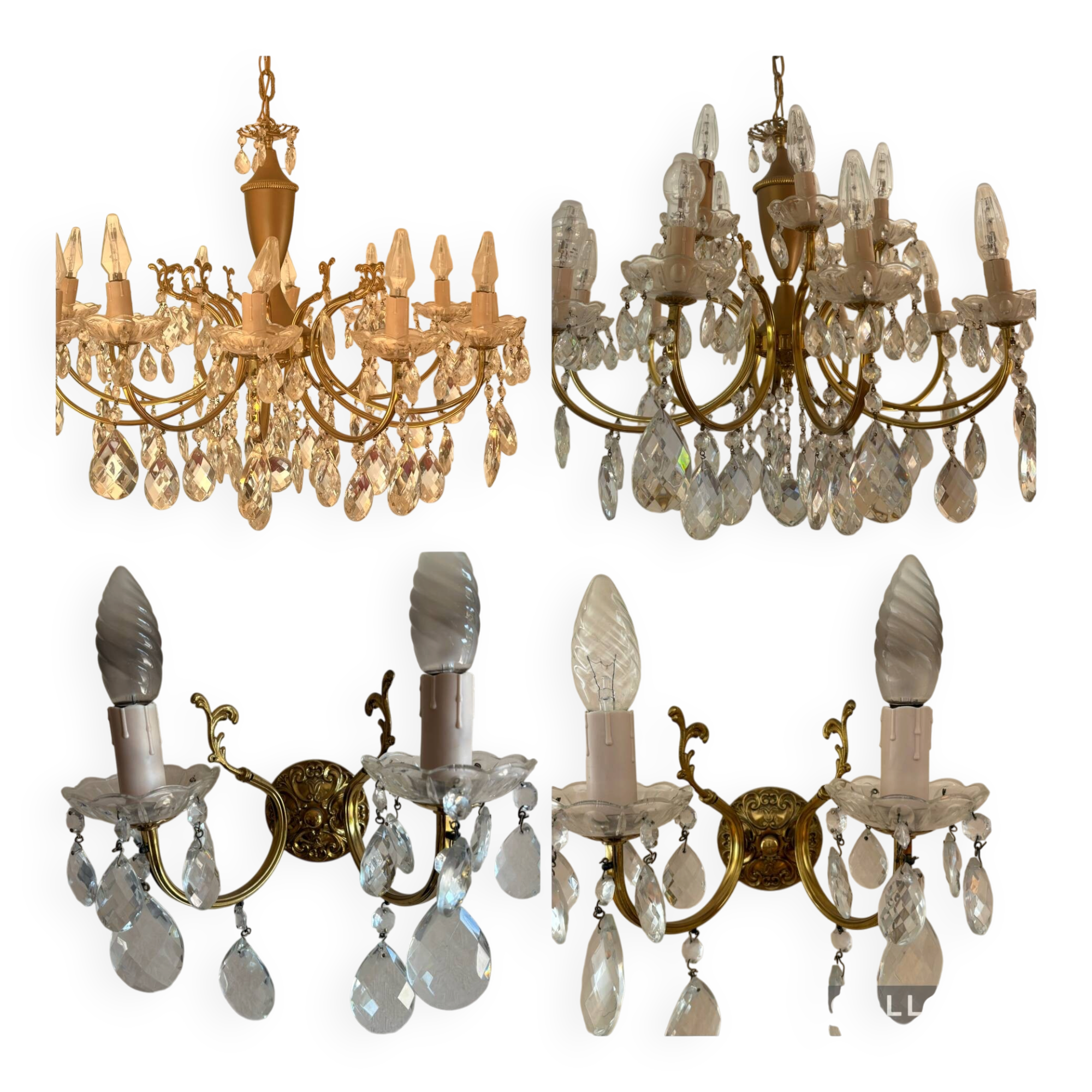 Ensemble de réception en laiton massif et cristal – 2 lustres et 2 applique