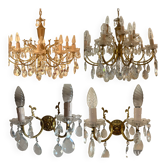 Brass and crystal reception set – 2 chandeliers and 2 wall sconces.