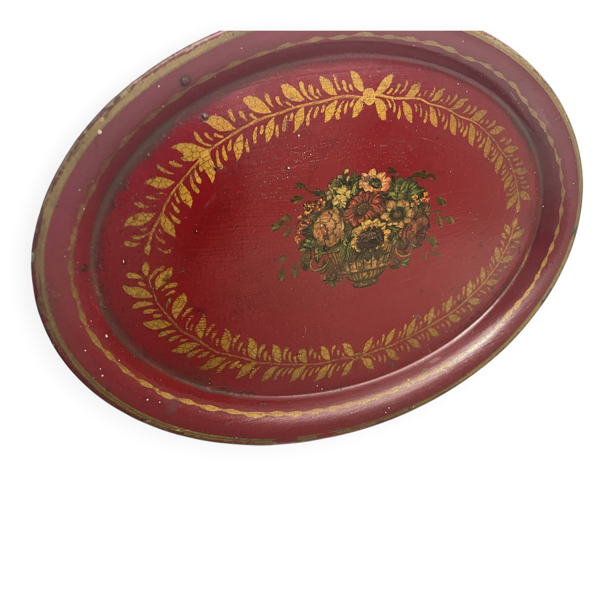 Old oval plate in painted red tin - floral decoration - early 20th century -