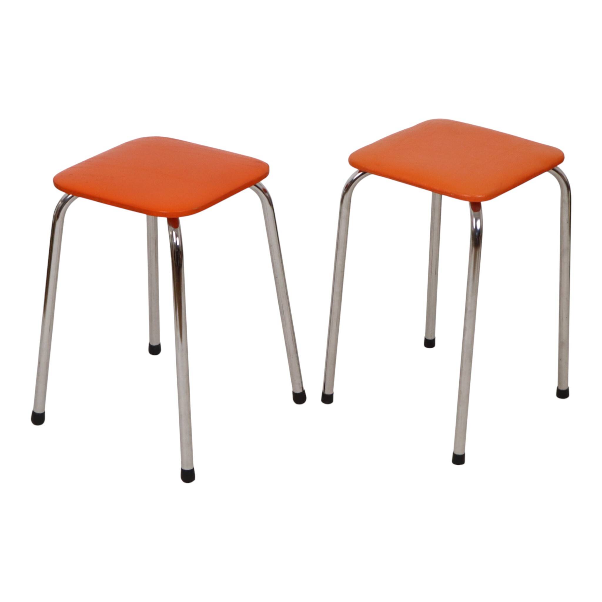 Set of 2 Stools Orange Faux Leather Chrome Base Sixties