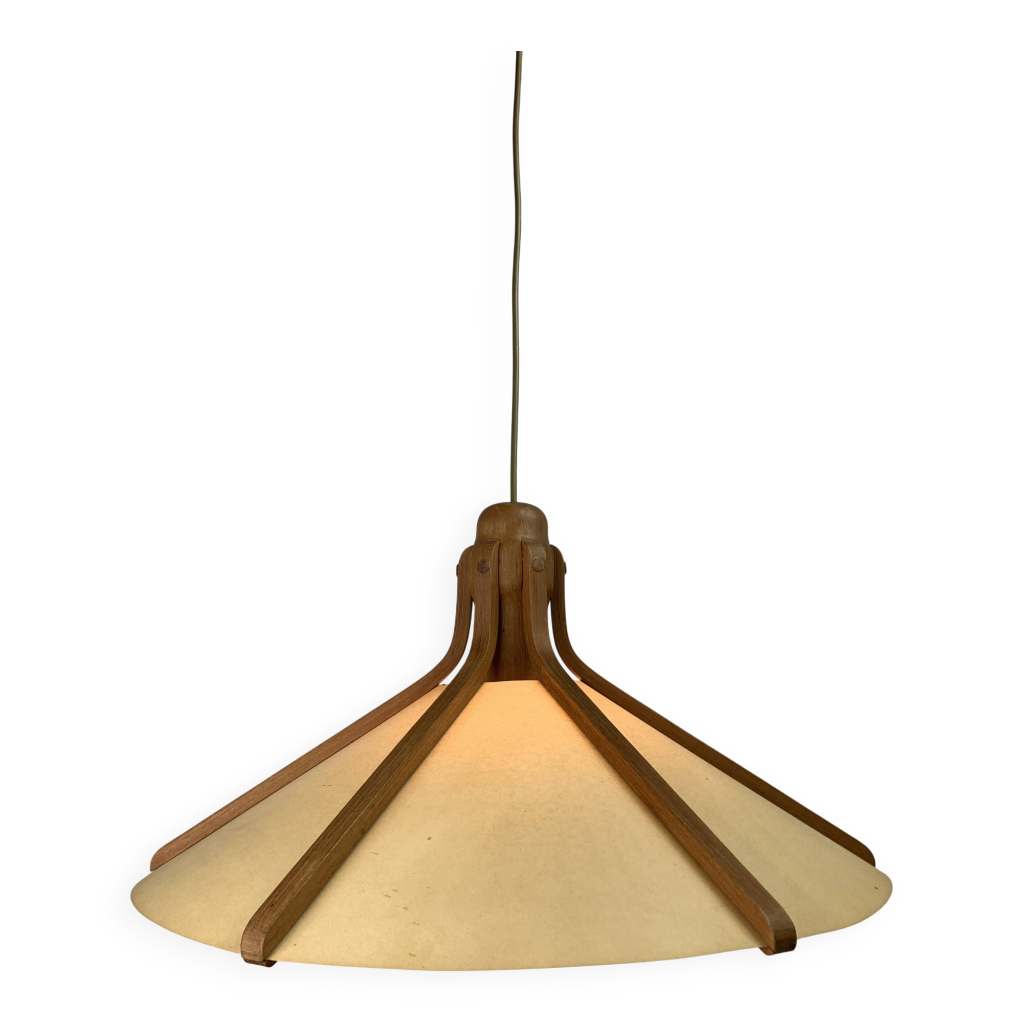 Midcentury teak and perkament pendant by Temde Leuchten, 1970s