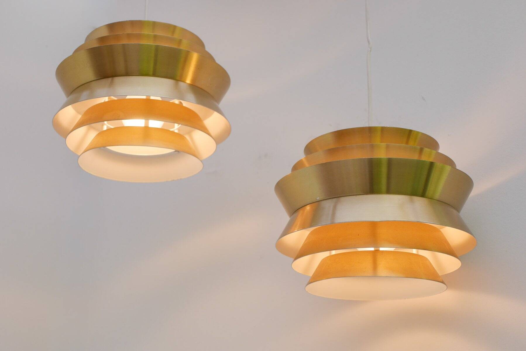 Brass-coloured metal pendant Trava lamps by Carl Thore, Sweden from Granhaga Metallindustri, 1960s, set of 2