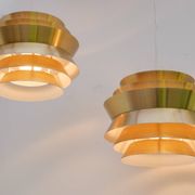 Brass-coloured metal pendant Trava lamps by Carl Thore, Sweden from Granhaga Metallindustri, 1960s, set of 2