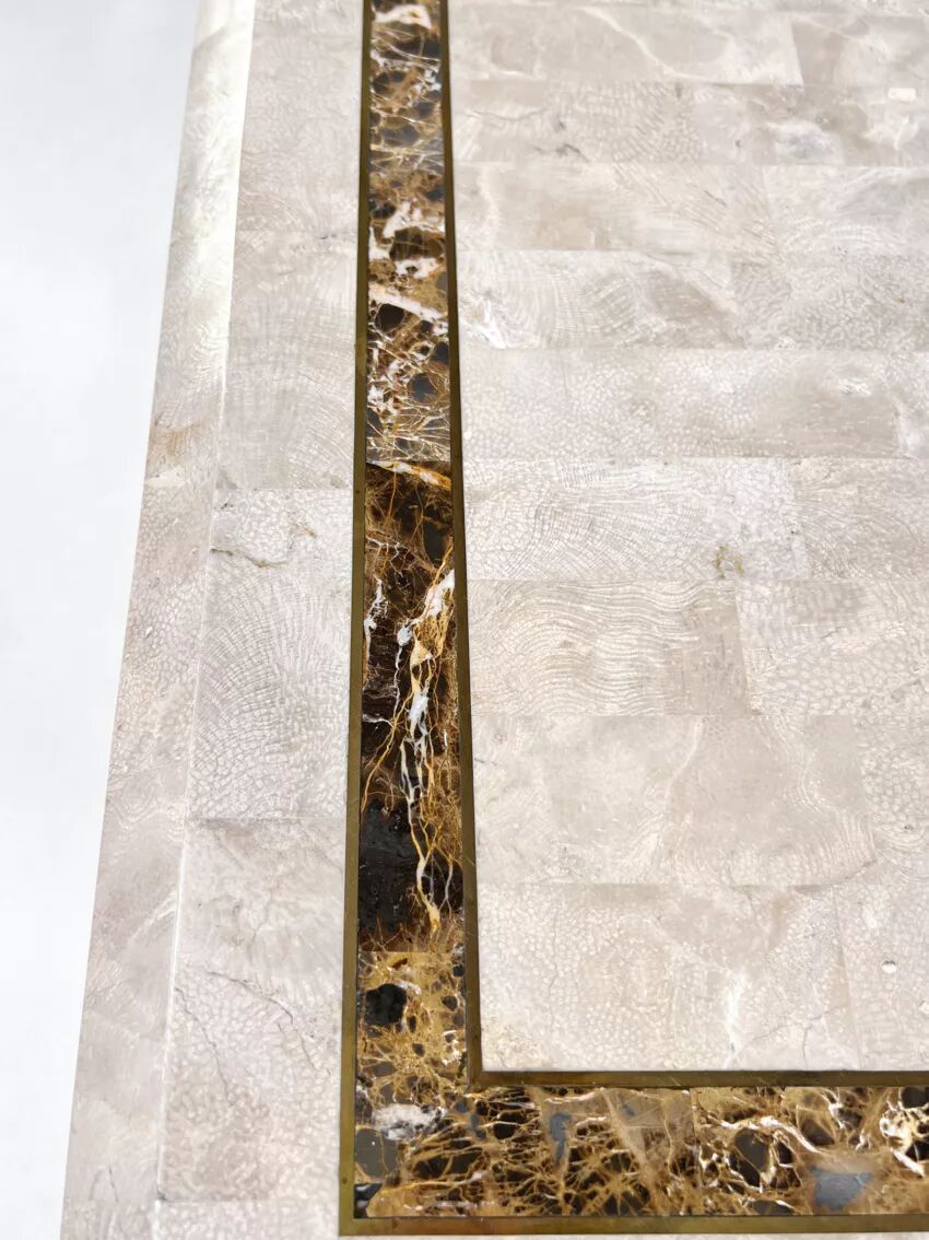 1970s-80s coffee table in stone marquetry and brass.