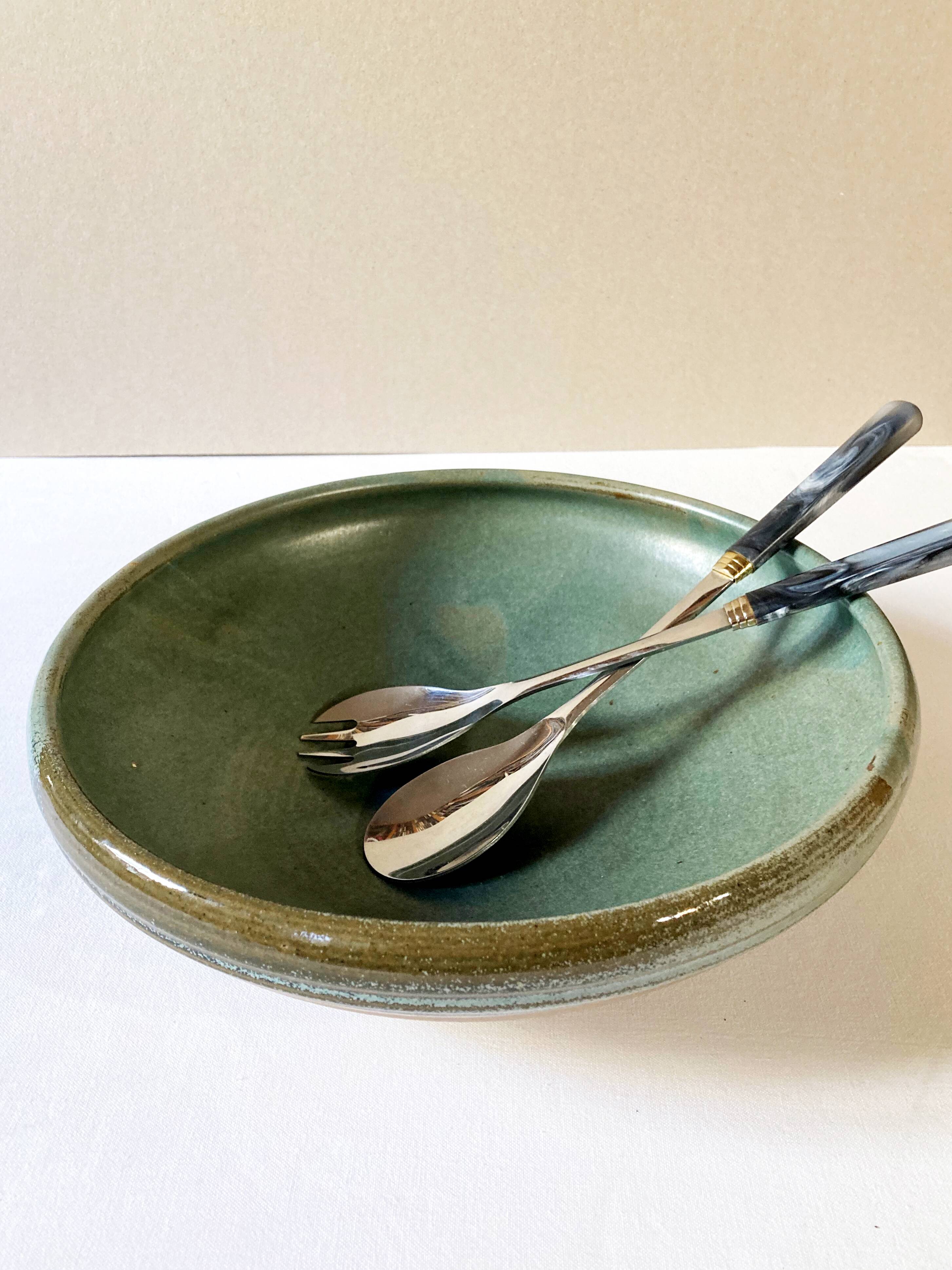 Enamelled stoneware dish / salad bowl signed