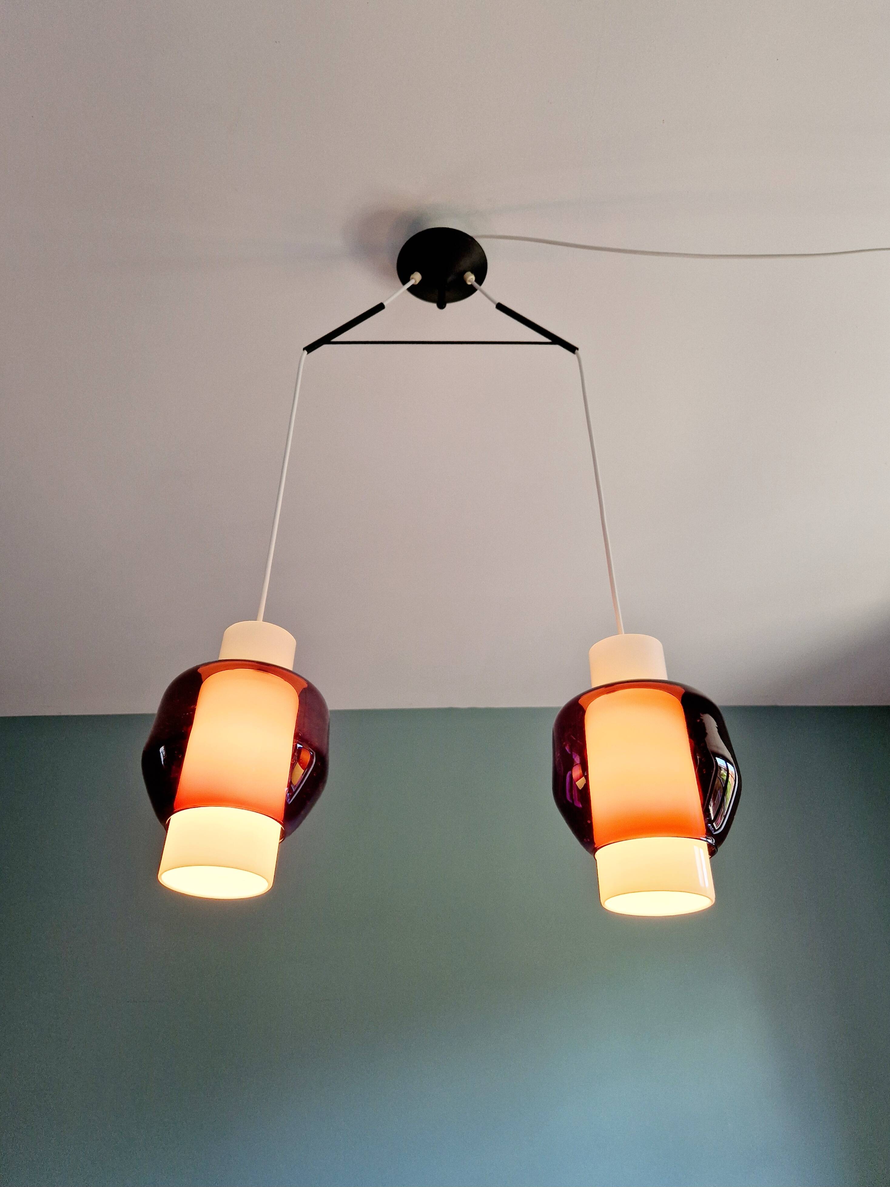 Scandinavian double pendant light in white opaline and amethyst glass, 1960s