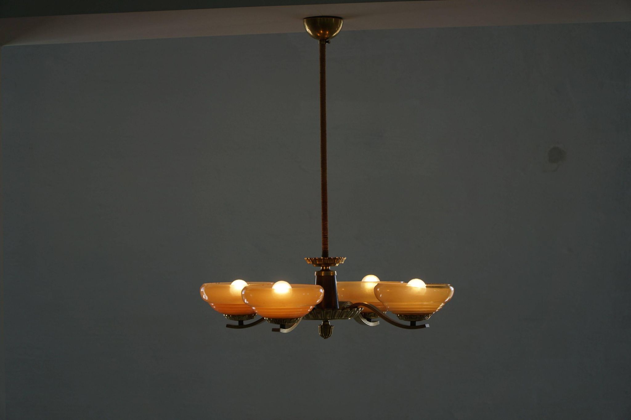 Art Deco chandelier with 4 arms in glass and brass, Sweden, 1940s