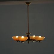 Art Deco chandelier with 4 arms in glass and brass, Sweden, 1940s