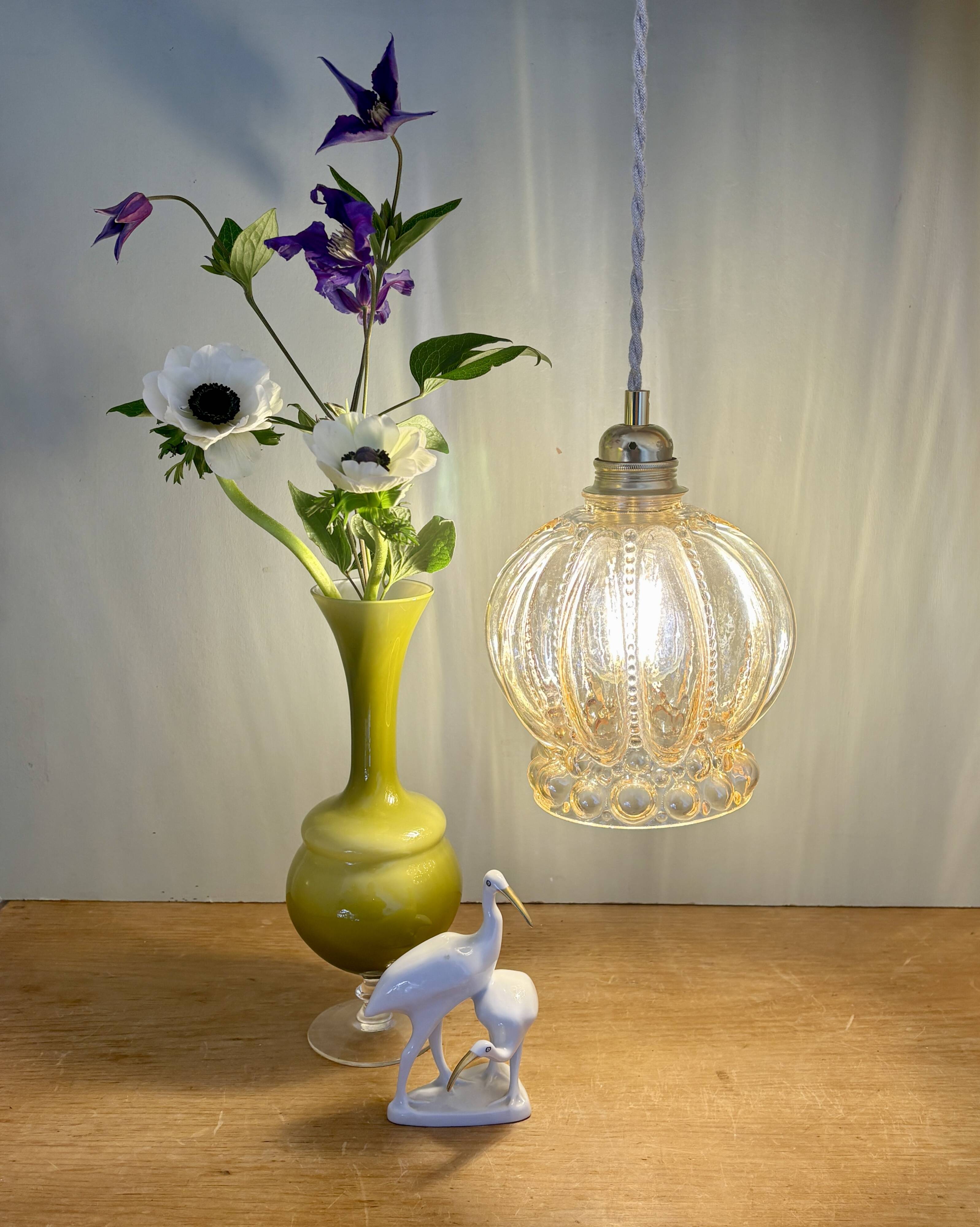 Vintage globe pendant light in amber bubble glass