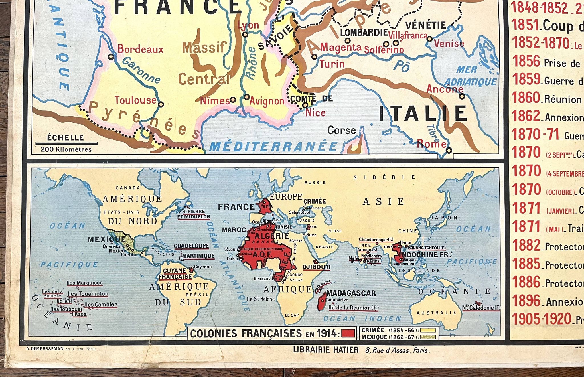 Old school map Hatier Briard 63, 1950 - France 1815 to 1914 (Rep
