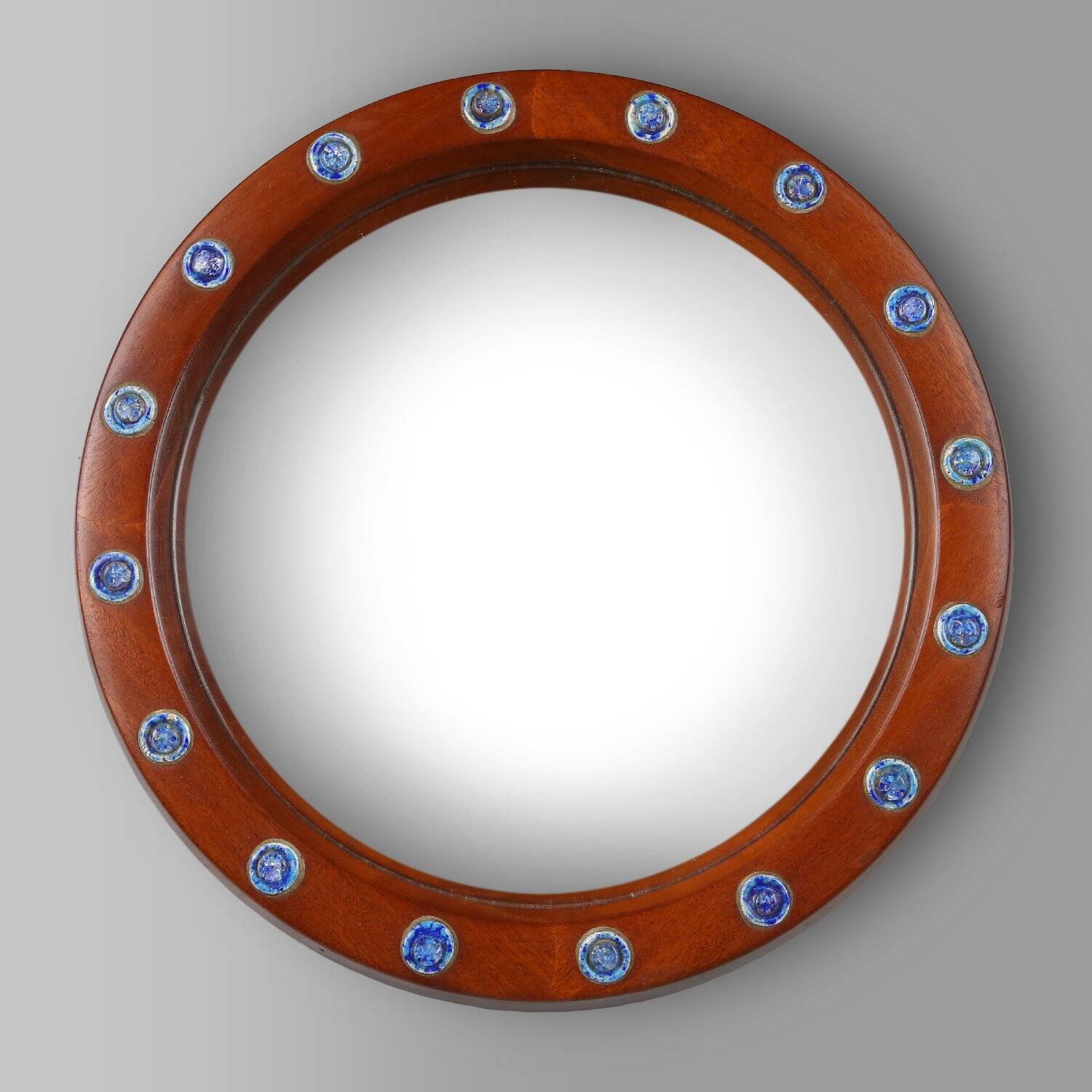 French round wooden mirror with elegant blue and white glass decoration, 19