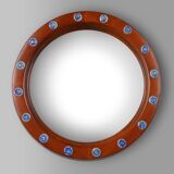 French round wooden mirror with elegant blue and white glass decoration, 19